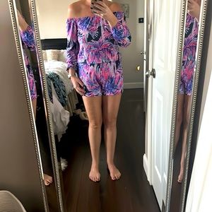 Lilly Pulitzer off shoulder pink/purple shirt romper. Size S